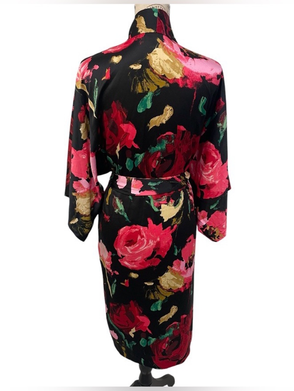 Natori Floral Satin Kimono Robe Black Pink Red Belted Lounge Cover Up Size Small - Picture 5 of 14